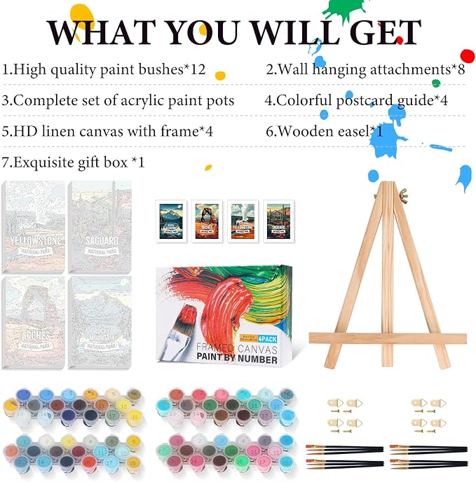 4 Pack Framed Paint by Numbers Kit for Adults with Wooden Easel 8x12 Inch | National Park, With Frame Canvas, For Adults Beginner, DIY Acrylic Painting, Stress Relief Craft Kits, Home Wall Decor Gift