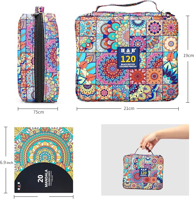 H & B 120 Colored Pencils Set for Adults with 3-Color Coloring Book & Case | Artist Soft Oil-Based Cores, Black Wood, Mandala Coloring for Stress Relief, Portable Drawing Kit with Sharpener & Eraser