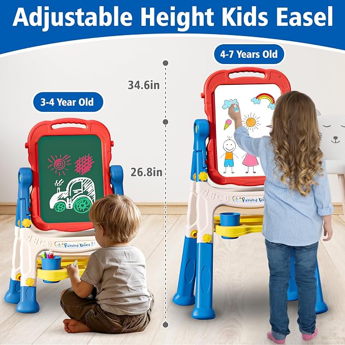 Kids Easel for Toddlers Age 3-4 Art Magnetic White Board & Chalkboard Double Side Adjustable Stand Art Easel Drawing Writing Learning Educational Toys for 3 4 5 Year Boys Girls Birthday Gifts