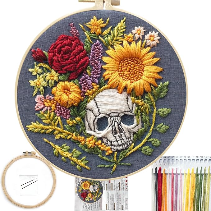 FONNUY Floral Embroidery Kit for Beginners, Colorful Flowers Pre-Stamped Pattern Kits for Adults with Hoop, Thread Needlework, 8'' Hoop (Skull)