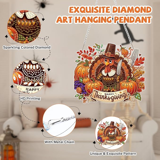 Bowetile Turkey Diamond Art Hanging Kits for Adults, Thanksgiving Diamond Art Suncatchers, 5D Halloween Pumpkin Diamond Painting Pendant Window Ornament Gifts for Home Door Wall Decor