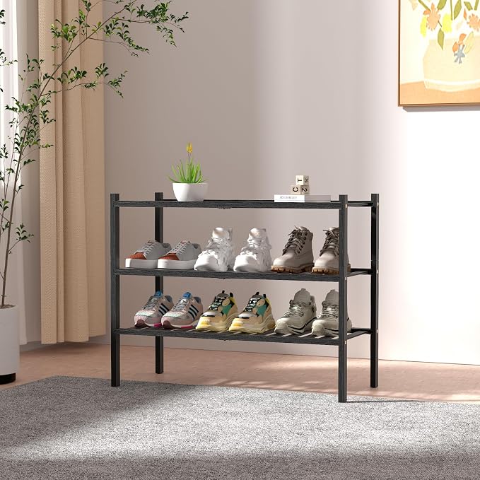 ROMGUAR CRAFT 3 Tier Bamboo Shoe Rack for Closet Free Standing Wood Shoe Shelf Storage Organizer for Entryway Small Space Stackable 27"x11"x20" (Black) (Pack of 2)