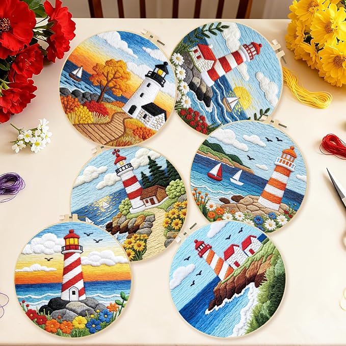 BEUNITONE 6 Set Beginner Embroidery Kit for Adults with Pre-Printed Washable Lighthouse Pattern, DIY Needlepoint Craft Kits for Cloth with Embroidery Hoop and Instruction, Funny Gifts for Home Decor