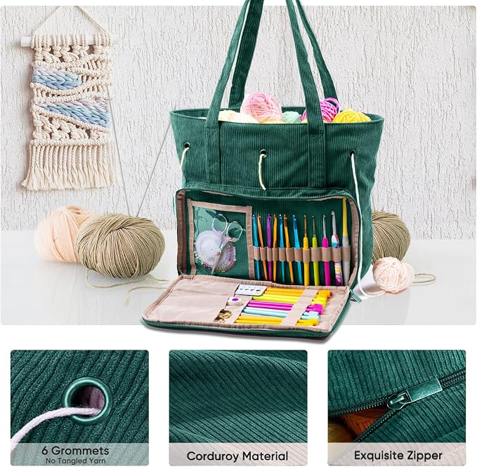 MYBAGZING Large Yarn Tote Organizer – Corduroy Knitting Storage Holder for Yarn, Hooks & Accessories, Portable Craft Carryall for Crocheting Lovers, Mother’s Day Gift