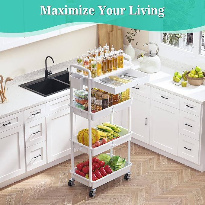 SUNALLY 4 Tier Rolling Cart with Drawer, Craft Storage Cart Organizer,White