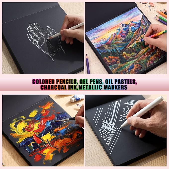 160gsm Black Paper Sketchbook 8 × 8 in, 50 Sheets Black Paper Notebook