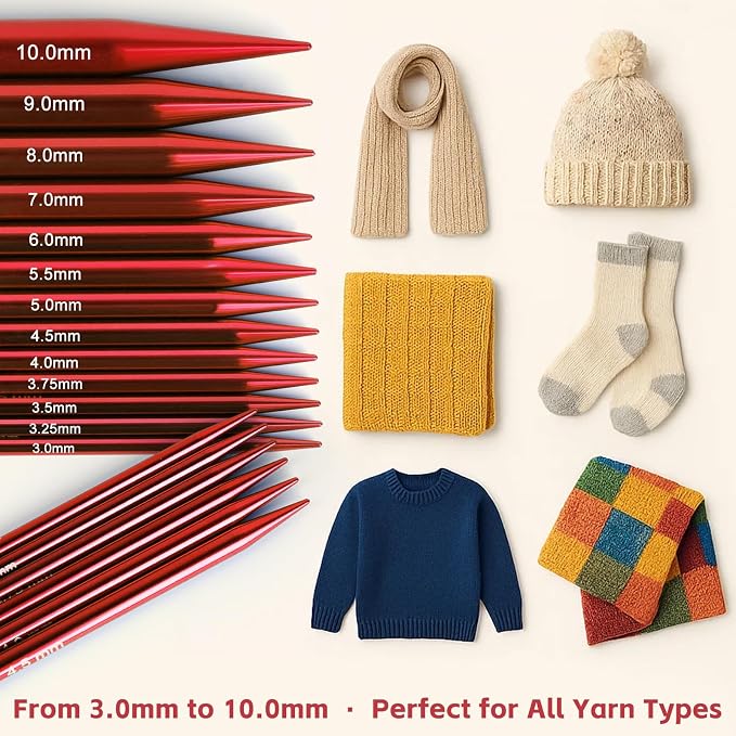 Interchangeable Circular Knitting Needles Set, 13 Pairs (26pcs) Glossy Red Aluminum Knitting Needles Kit, Sizes 3.0mm–10.0mm, Knitting Needle Case & Accessories for Knitting Beginners & Advanced