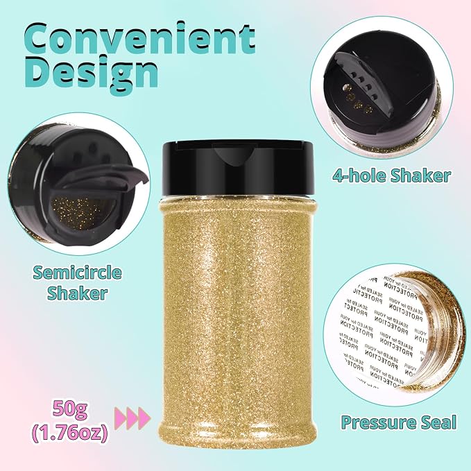 HTVRONT Light Gold Glitter for Crafts and Arts -1.7oz/50g Fine Glitter | Craft Glitter for Resin, Jewelry, Keychains, Candle Making, Paint, Slime Add Ins, Cosmetic Glitter for Nail Face