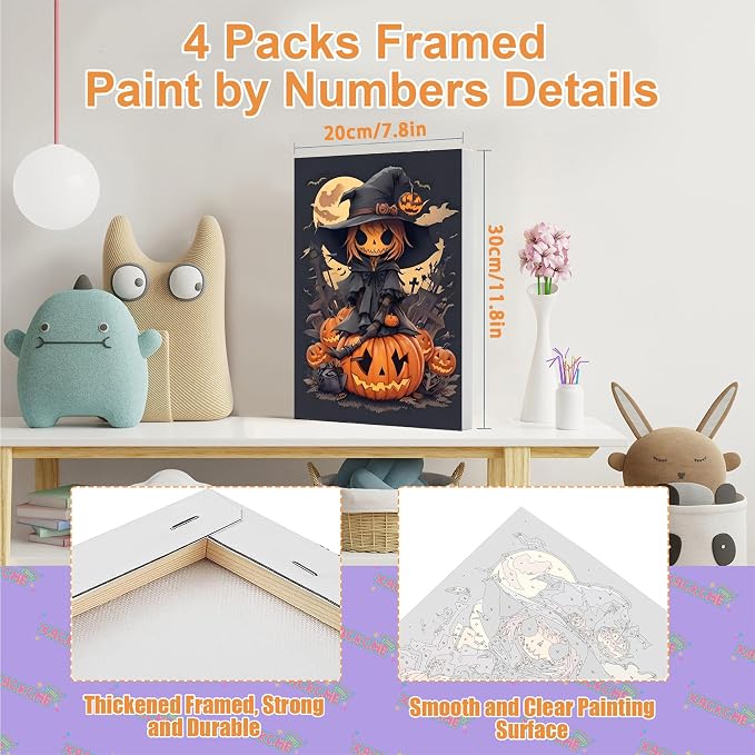 Halloween Paint by Numbers for Adults with Framed Canvas - Wooden Easel | 4 Pack Paint by Number on Canvas, DIY Halloween Acrylic Oil Painting Kits with Brushes for Home Wall Decor (8x12 inch)