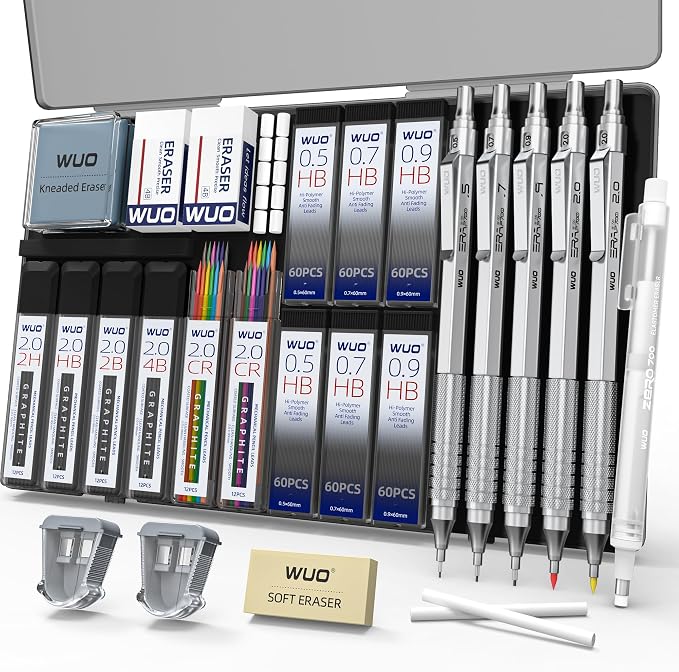 WUO Mechanical Pencil Set, 5 Pack Drafting Pencils 0.5/0.7/0.9/2.0/2.0mm