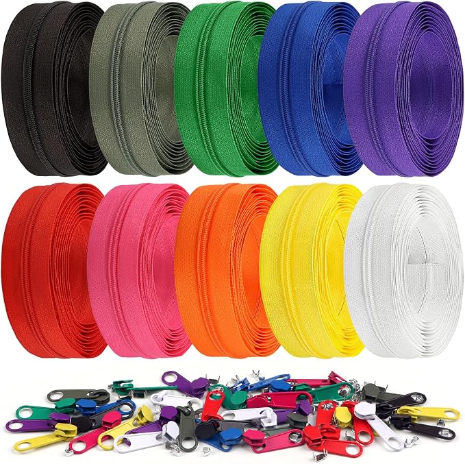 DOITEM 31 Yards 10 Pieces Sewing Zippers #3 Nylon Coil Zippers Assorted Zipper for Sewing with 40 Zipper Sliders for DIY Tailor Sewing Crafts Supplies, 10 Colors
