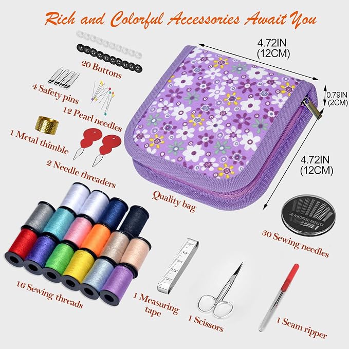 Sewing Kit Gifts for Grandma, Mom, Friend, Traveler, Adults, Beginner, Emergency,Sewing Supplies Accessories with Scissors,Sewing Needles Thimble, Thread,Tape Measure etc(Wildflower Purple, S)