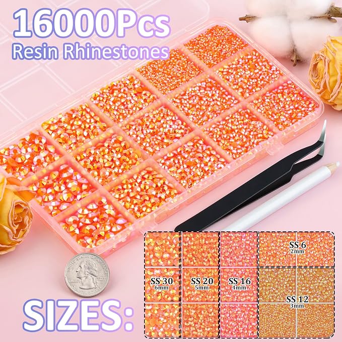 16000Pcs Resin Rhinestones with Tweezers for Crafting, Orange AB 2-6mm Mixed Sizes Bedazzling Crystal with 3Pcs 10ml B7000 Jewelry Glue for DIY Crafts Clothing Tumblers Shoes Fabric Nail Art