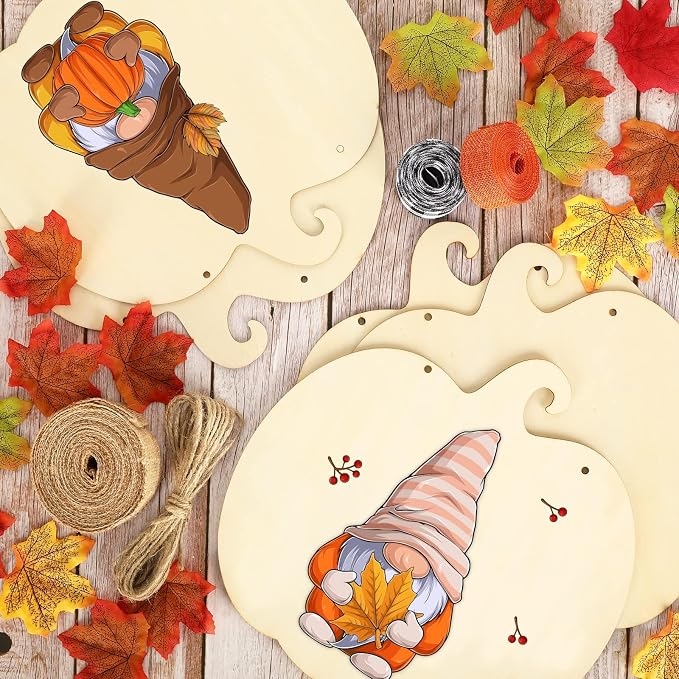 Whaline 5 Pcs Fall Pumpkin Unfinished Wood Cutout with 80 Pcs Fake Maple Leaves Ribbons 12 x 0.1 Inch Autumn Pumpkin Wooden Slices with Hemp Rope for Thanksgiving Halloween DIY Crafts Home Decor