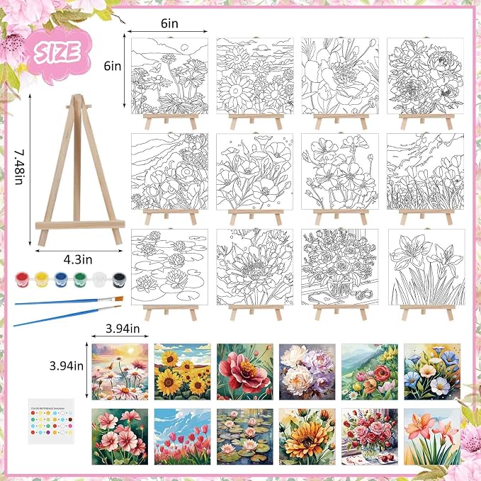 Tenceur 12 Sets Pre Drawn Canvas to Paint Adult Stretched Coloring Painting Canvas Panels with Design Easel and Brushes for Party Supplies Beginner Favor(Flower)