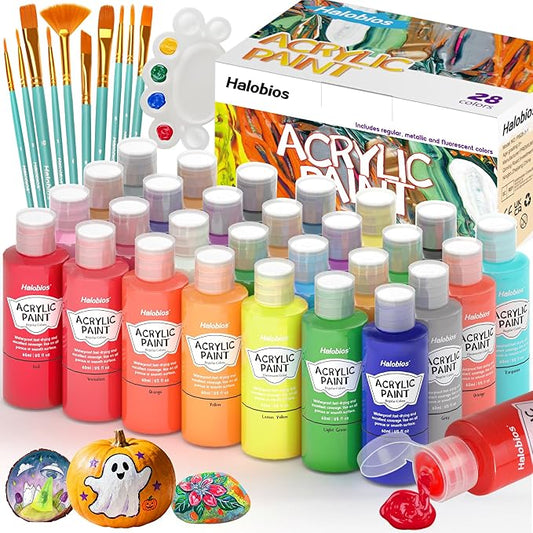 Halobios Acrylic Paint Set 28 Colors with 10 Brushes, Art Craft Paints for Artists Kids Beginners Students & Painters, Canvas fabric Ceramic Wood Rock Painting Art Supplies (Multicolor)