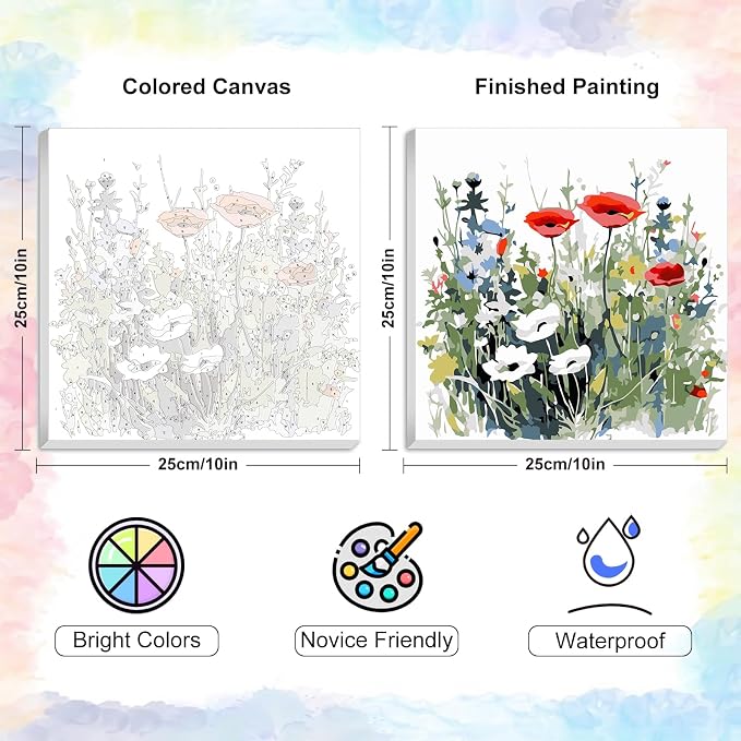 Yezavesu Flower Framed Paint by Numbers Kit for Adults Beginner & Kids Ages 8-12, Wildflowers Paint by Number Without Easel, DIY Adult Paint by Numbers Flowers for Home Wall Decor Gift 10x 10 inch | With Frame Canvas 10x10 IN, Without Easel, DIY Acryli...