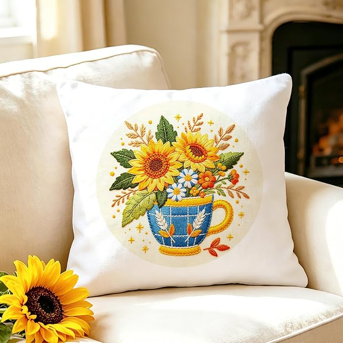 BEUNITONE 4 Set Embroidery Kits for Beginners, Flower Arrangement Design with Pre-Stamped Pattern Craft Kits Include Instruction and Hoops, 7.9x7.9 Needlepoint Kits for Festival Gifts and Home Decor
