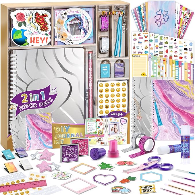 PERRYHOME 2-Pack DIY Journal Kit for Girls - 200+Pcs Journal Set for Teen & Tween Girls, Journaling Art & Crafts Kits, Birthday Gifts for 8 9 10 11 12 13 14 Year Old Girl
