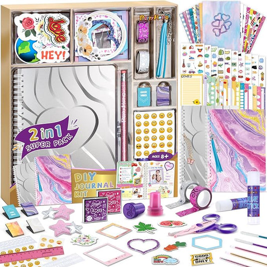 PERRYHOME 2-Pack DIY Journal Kit for Girls - 200+Pcs Journal Set for Teen & Tween Girls, Journaling Art & Crafts Kits, Birthday Gifts for 8 9 10 11 12 13 14 Year Old Girl