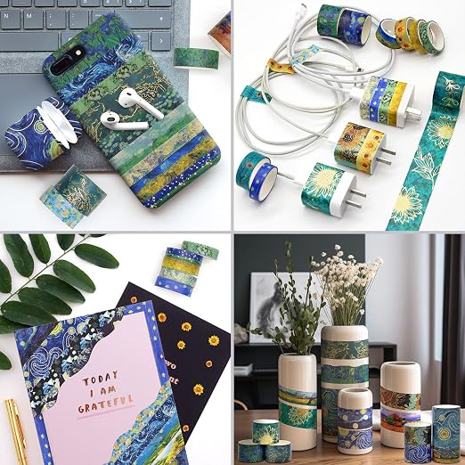 Geesinimo Washi Tape Set, 36 Rolls Van Gogh Vintage Gold Washy Tape, Wide Decorative Tape for Journaling, Scrapbooking Supplies,Vision Board Supplies, 6 Sizes Craft Watercolor Tape