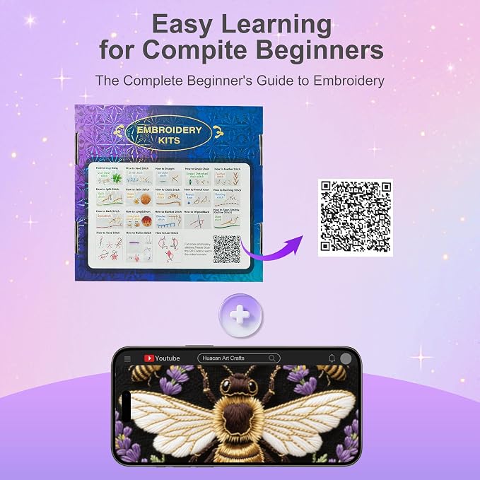 Huacan Embroidery Kit for Adults Beginners with 3 Hoops & Gift Box | DIY Pre-printed Butterfly Patterns, 7.9×7.9 inch Fabric, Complete Embroidery Supplies with Gift Box for Beginners