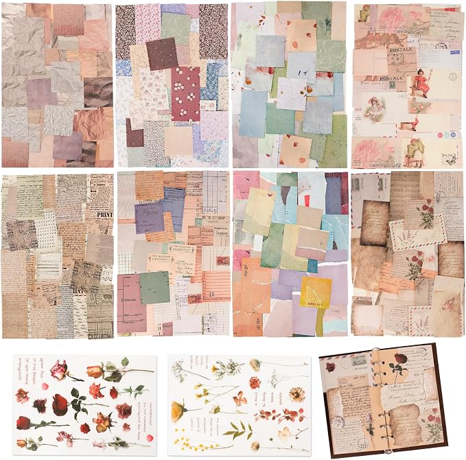 517 Pcs Vintage Scrapbook Paper,Scrapbook Supplies Stickers,Journaling Supplies Include 37 Pcs Flowers Stickers Aesthetic Journal Paper for Planner,Bullet Journaling,Junk Journal