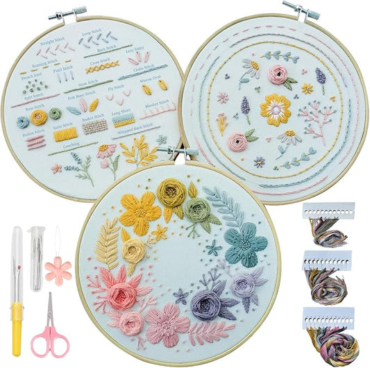 Embroidery Kit for Beginners,Learn 22 Stitches with Instructions & Video | Beginner-friendly step-by-step video tutorials included/Water-soluble ink/beginner embroidery kit/complete embroidery set