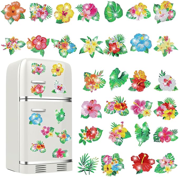 Remuuly 30 Pcs Hawaiian Diamond Painting Magnets Diamond Art Kits for Adult | Hibiscus Refrigerator Magnets, Tropical Flower 5D Rhinestone Fridge Magnetic Sticker, Diamond Club Gifts, Beginner DIY Crafts