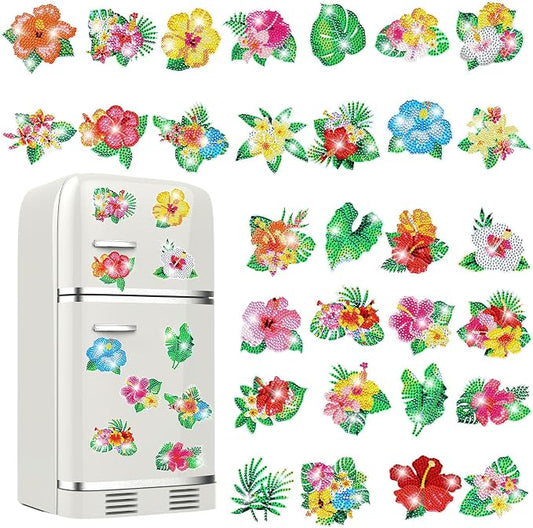 Remuuly 30 Pcs Hawaiian Diamond Painting Magnets Diamond Art Kits for Adult | Hibiscus Refrigerator Magnets, Tropical Flower 5D Rhinestone Fridge Magnetic Sticker, Diamond Club Gifts, Beginner DIY Crafts