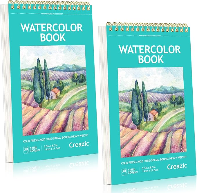 Creazic 2 Pack Spiral Watercolor Sketchbook, 5.5"×8.5", 60 Blank Sheets