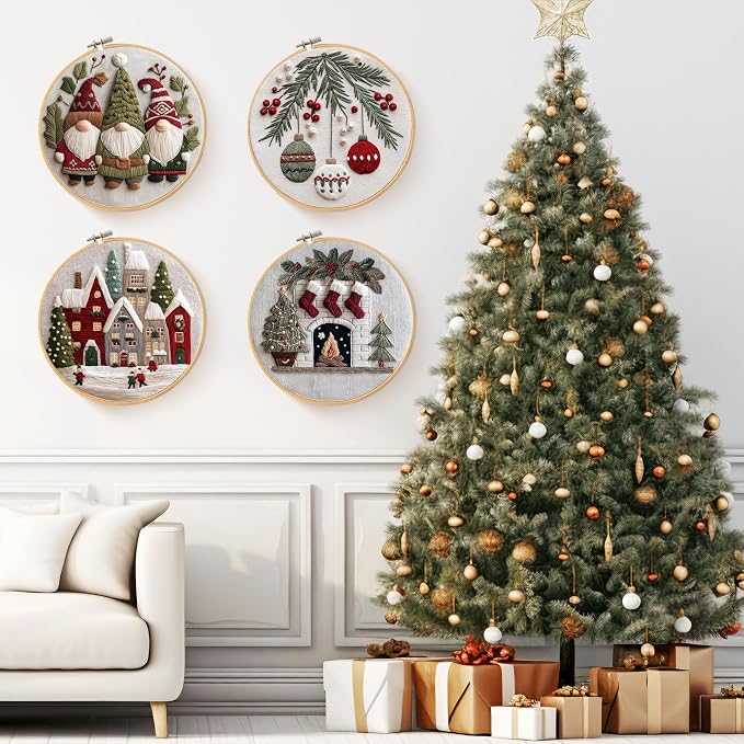 Santune Christmas Embroidery kit,Fall Needlepoint Cross Stitch Kits for Beginners Adult,Needle Point Sets,4 Embroidery,2 Hoops,Christmas Ornaments
