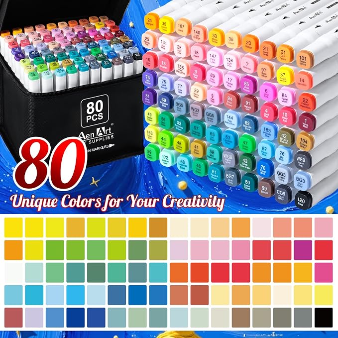 AenArt Alcohol Markers, 80 Color Dual Tip Art Drawing Markers, Artist Pens with Organizing Case for Adult Drawing Coloring Sketching（White Barrel）