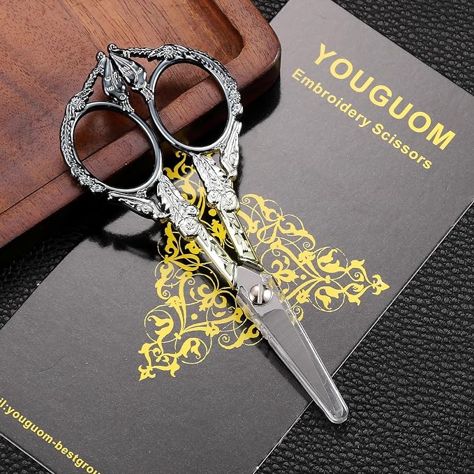 YOUGUOM Sewing Embroidery Scissors, Small Thread Shears with Cover | 4.6in, Sharp, Precision, for Craft, Artwork, Needlework, Yarn, Knitting, Paper Cutting, Detail Snips, Cute DIY Kit, Black