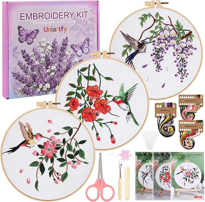 Embroidery Kit for Beginners,3 Pack Hummingbird and Flower Cross Stitch Kits for Adults,Needlepoint kit with Stamped Patterns,Hoop,Threads for Craft Lover,Hand Stitch with Embroidery Skill Techniques