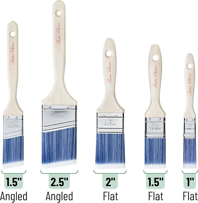 Bates Paint Brushes, 5 Pack - Flat & Angle Brushes, Assorted Sizes, Wooden Handle, for Walls & Furniture