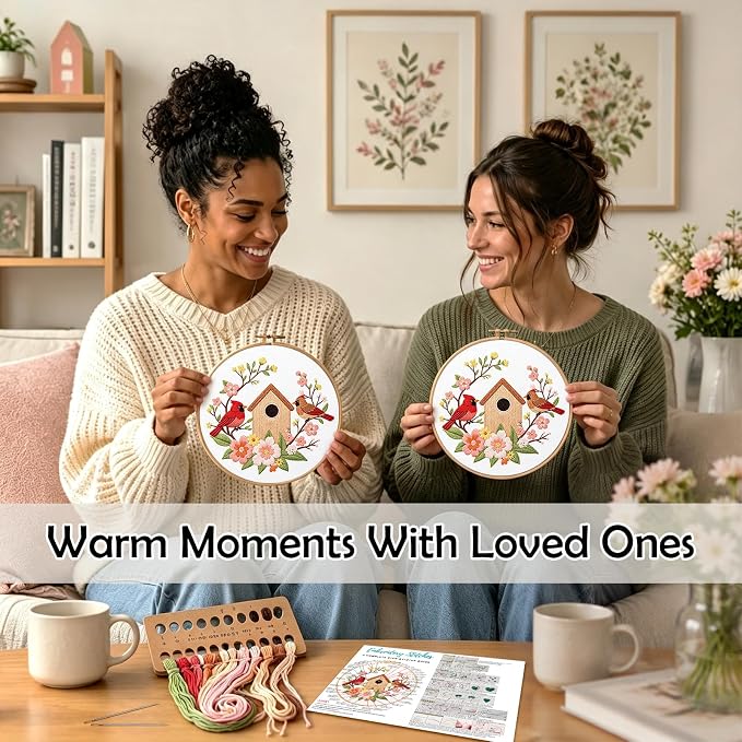 Louise Maelys Cardinal Birdhouse Flowers Embroidery Kit for Beginners | Adults Starter Cross Stitch Kits with Cardinal Pattern, Complete Needlepoint Kit with Hoop, Threads, Needles and Guide