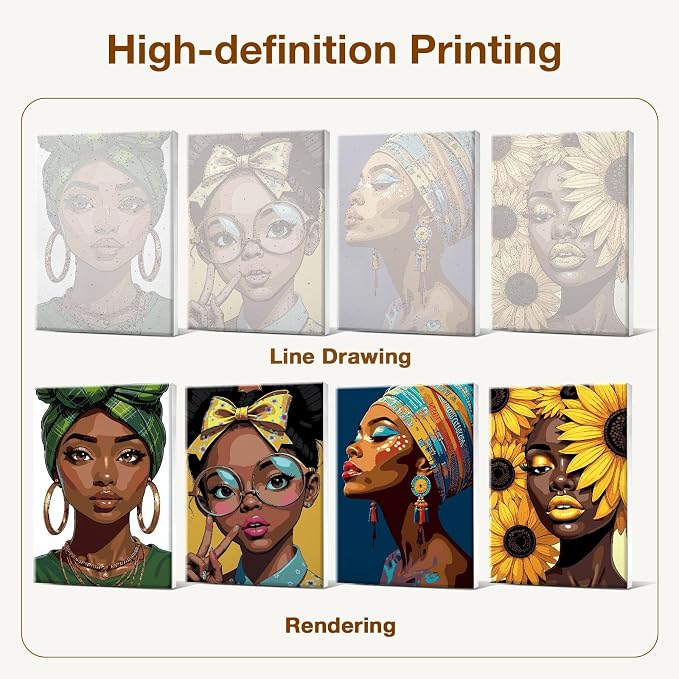 HeeBenor 4 Pack Black Women Paint by Numbers Kit for Adults Framed Canvas