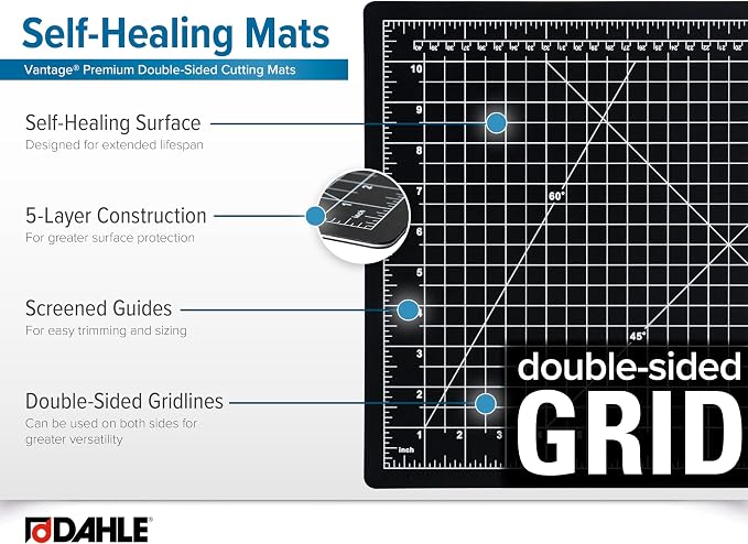 Dahle Vantage 10792 Double-Sided Premium Self-Healing Cutting Mat, 18"x24", 1/2" Grid, 5 Layers for Max Healing, Perfect for Crafts & Sewing, Black