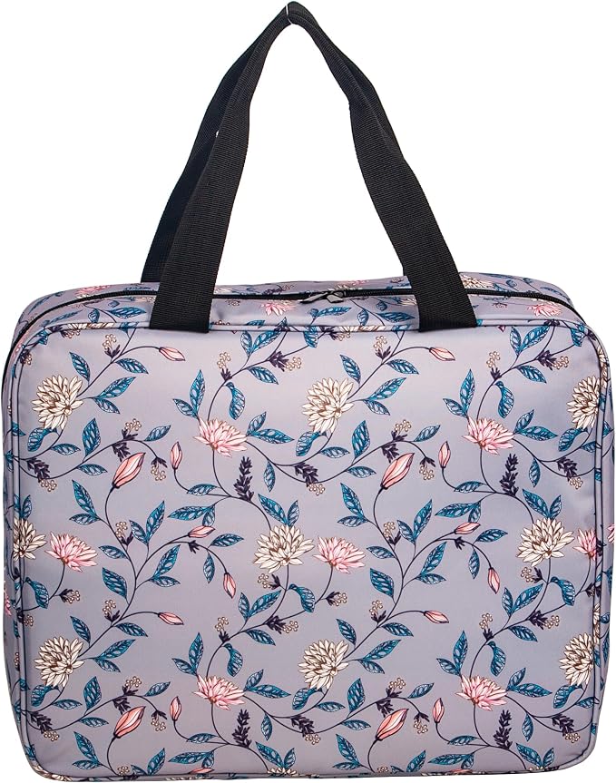 Portable Square Cross Stitch Starter Kits Bag Embroidery Project Bag Embroidery Tool Storage Tote Bag with Multifunctional Pockets, Bag Only (Flower Pattern)