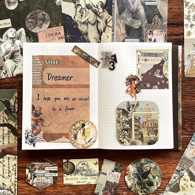BoomTeck Vintage Aesthetic Scrapbooking Supplies, Bullet Junk Journal Kits with Scrapbook Paper, Washi Stickers, A6 Grid Notebook - DIY Craft Journaling Gift for Teen Girl Adult (Art Guide)