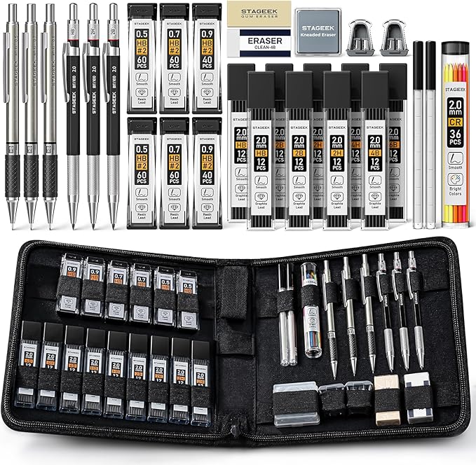 STAGEEK 30PCS Mechanical Pencil Set with Canvas Bag, 0.5, 0.7, 0.9 ＆ 2mm | Drawing Pencils with 464PCS Lead Refills (6B 4B 2B HB 2H 4H Color), Erasers, Sharpeners, Artist Pencil for Sketching Drafting