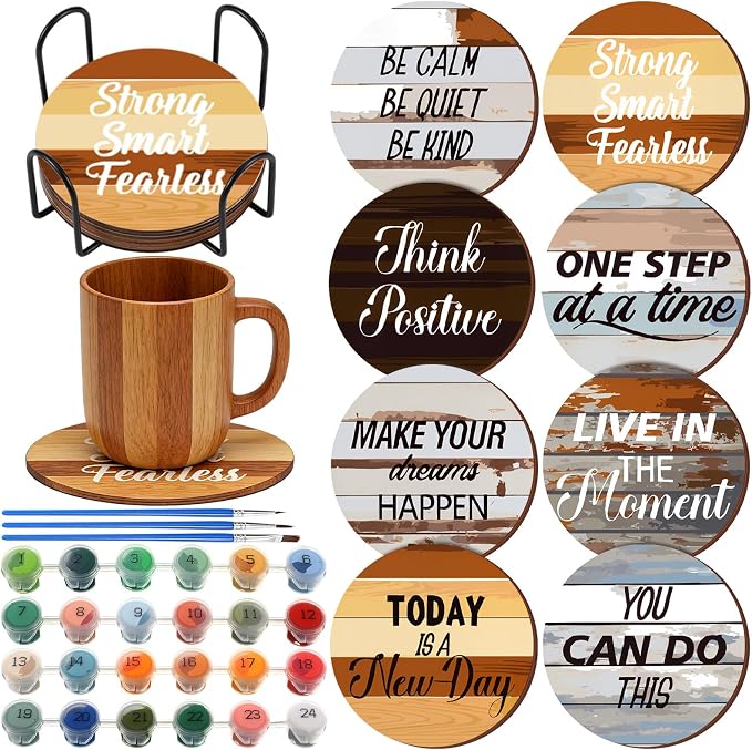 Reallnaive 8 Pcs Inspirational Paint by Number Kit for Adult Wooden Coaster | Mini Paint by Numbers, Farmhouse Motivational Round Oil Painting Drink Coaster with Holder, for Small DIY Craft Birthday Gift