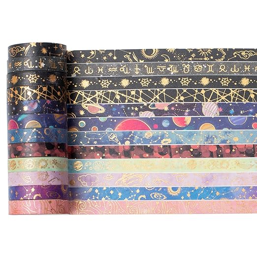 Skinny Galaxy Washi Tape Set 30 Rolls Gold Foil Decorative Starry Space Masking Tapes for Arts, DIY Crafts, Journals, Planners, Scrapbook, Wrapping