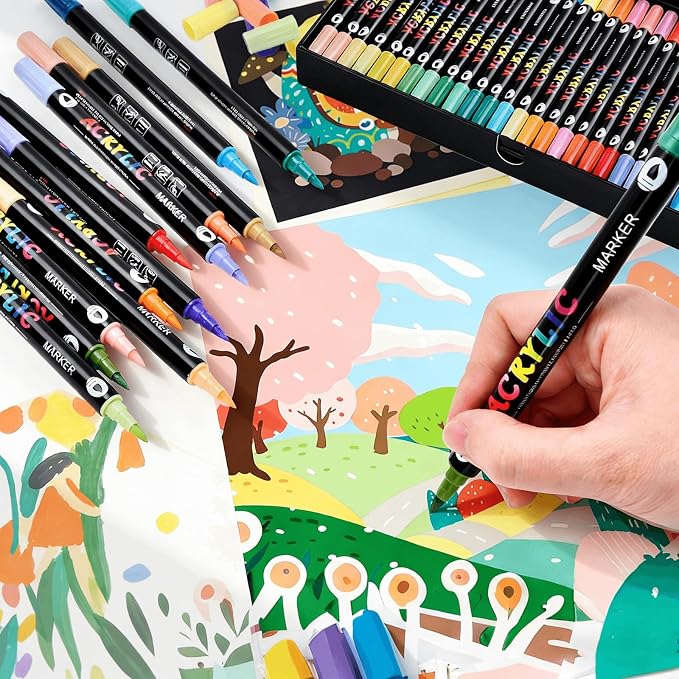 48 Colors Acrylic Paint Markers Set, 24 Pack Dual Brush Tip Acrylic Paint Pens for Stone, Wood, Calligraphy, Canvas, Ceramic, Glass, Rock Painting, Christmas Gifts for Teens, Art Painting Supplies Kit