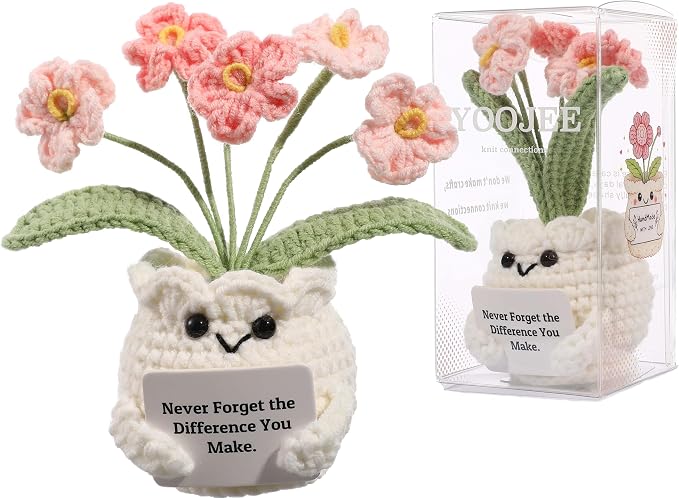 Crochet Forget Me Not Flower Gift – Thank You Gift for Women with Card “Never Forget the Difference You Make”, Appreciation Gift for Teacher, Coworker, Nurse, Friend, Cute Desk Decor