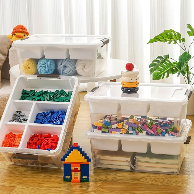 17QT Clear Plastic Craft Storage Box with Removable Tray & Lid - 2 packs | white container, art supply organizer for playdoh, sewing, beads & craft tools, space-saving stackable bins