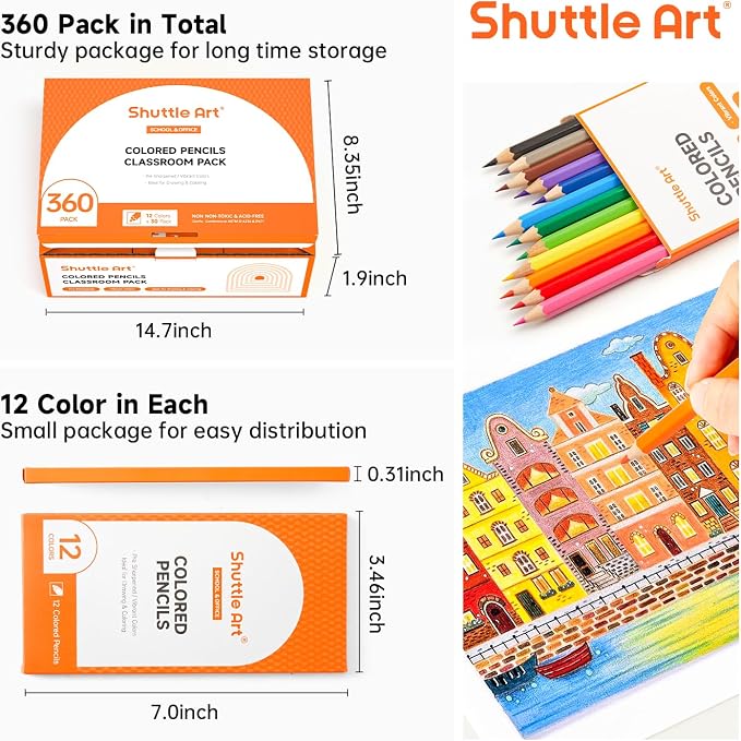 Shuttle Art 360 PCS Colored Pencils Bulk, 12 Assorted Colors, Pack of 30, Break-resistant, Pre-sharpened Colored Pencils for Kids, Bulk Pack School Supplies for Teachers & Students