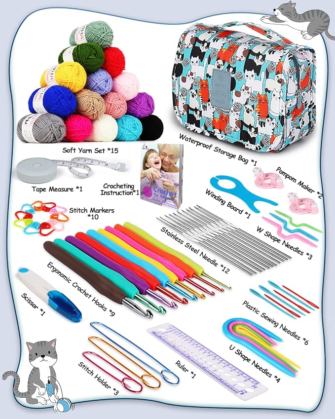Aeelike Crochet Kit for Beginners Adults, Complete Crochet Set, Blue Cat