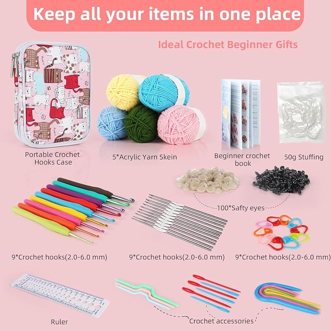 Katech Crochet Hooks Set with Yarn-Crochet Kit for Beginners-Ideal Gift | Crocheting Hooks Kits-Includes 382 Yards Yarn Balls, Hooks, Accessories, Tutorials, Everything You Needed